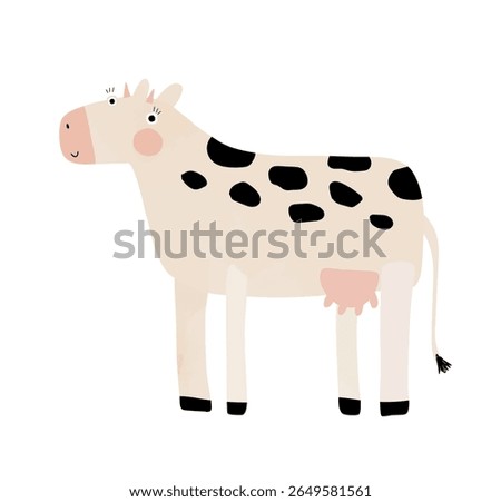 Cute White Caw With Black Spots. Funny Print With Big Happy Cattle. Childish Drawing-like Vector Illustration Of Happy Calf On A White Background. Kids Room Decoration. Farm Animal. RGB.