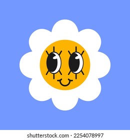 Cute white chamomile character on blue background. Daisy with cute face cartoon illustration. Flowers, greeting concept