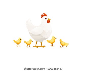 Cute white chicken with chicks farm agriculture hen rooster cartoon animal design vector illustration