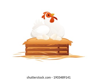 Cute white chicken nest with eggs farm agriculture hen rooster cartoon animal design vector illustration