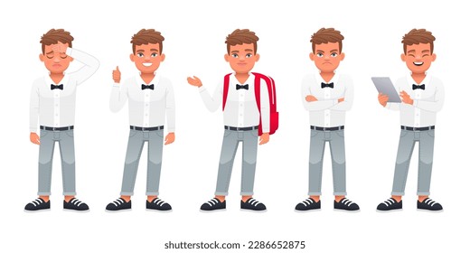 Cute white child stands with a tablet in his hands, with a backpack, unhappy with his arms crossed, a gesture of approval, in sadness, points to something. Guy stands in different poses. Little boy