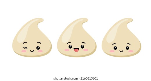 Cute white chocolate chips emoji character vector icon set. White milky smilling winking choco chunk with face for cookie baking. Kawaii cartoon style kids mascot - cacao morsel emoticon illustration.