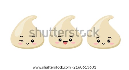 Cute white chocolate chips emoji character vector icon set. White milky smilling winking choco chunk with face for cookie baking. Kawaii cartoon style kids mascot - cacao morsel emoticon illustration.