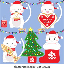 Cute white christmas cat on blue background. Vector.