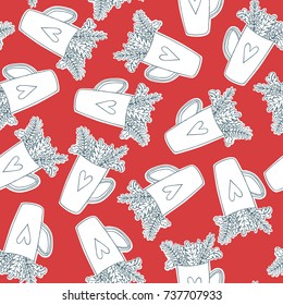Cute white christmas cups with hearts and leaves over red background. Vector illustration