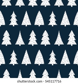 cute white christmas tree on a dark blue background pattern seamless vector.