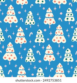 Cute white Christmas trees with red and green baubles seamless pattern on blue background with pink candy canes and stars. Holiday season winter forest fun repeat pattern. Hand drawn illustration.