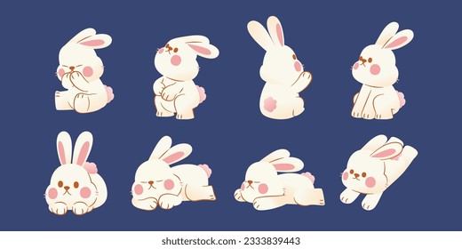 Cute White Chubby Fluffy Rabbit Character ,Vector,  Illustration