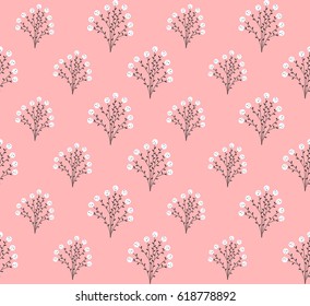 Cute white circle flower with leaves on pink background, pattern seamless wallpaper backdrop. Vector image