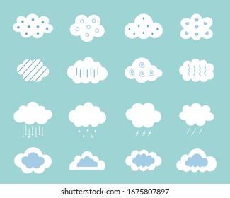 Cute white cloud with droplets ,lightning ,snow and fog icon collection set isolated on blue background.Weather forecast symbol.Vector.Illustration.