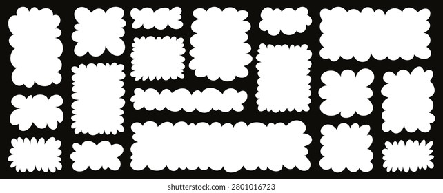 Cute white cloud frames, rectangle and square shape frame with scallop edges. Empty speech bubbles, cartoon childish fluffy shapes, abstract playful zigzag edge banner template vector set