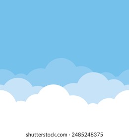 Cute white cloud on bright blue sky bottom border seamless pattern background.