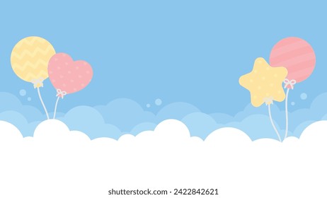 Cute white cloud with pastel colored balloon on bright blue sky background. Presentation Template.