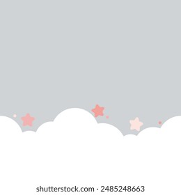 Cute white cloud and pink stars on pastel grey bottom border seamless pattern background.

