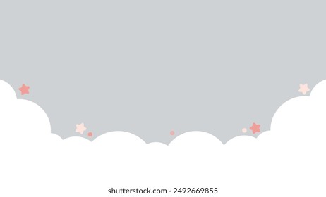 Cute white cloud and pink stars on pastel grey bottom border background.