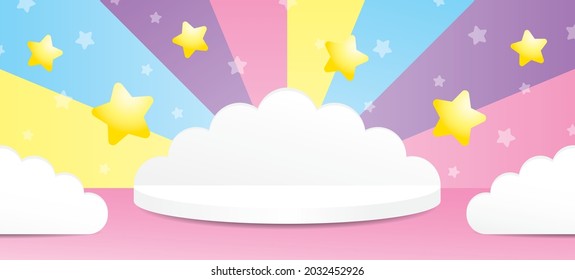 cute white cloud shape stage with stars element on sweet colorful pastel wall and pink floor 3d illustration vector scene for putting your object 