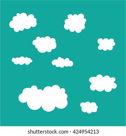 Cute white Cloud shapes collection isolated on blue sky background. Vector illustration set for icon, tag, network, interface, speech, forecast, web, weather, sticker, overcast sky, simplicity concept