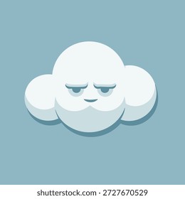 Nube blanca linda con una cara somnolienta y sombreado suave en un fondo azul apagado