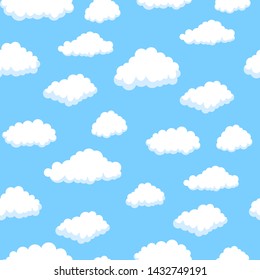 Cute white clouds in blue sky seamless pattern. Texture for wallpapers, fabric, wrap, web page backgrounds, vector illustration
