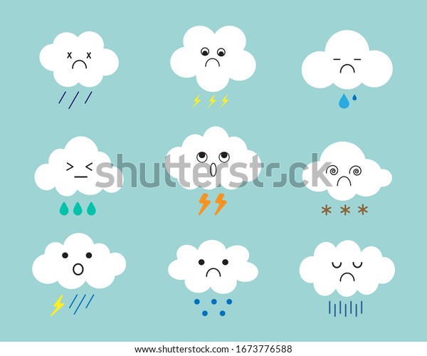 青の背景に水滴 落雷 雪 霰 雷雨を含むさまざまな気分のかわいい白い雲のアイコンコレクション 雨の日 悲しい絵文字アイコン ベクター画像 イラスト のベクター画像素材 ロイヤリティフリー