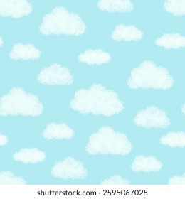 Cute white clouds on light blue sky. Watercolor fluffy cloud seamless pattern vector. Design for fabric, textile, kid cloth, shirt, skirt, baby dress, print, cover, card, wrapping, paper, decor.