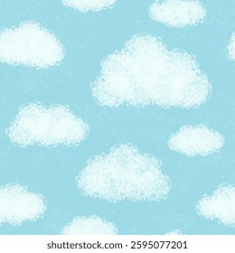 Cute white clouds on light blue sky. Watercolor fluffy cloud seamless pattern vector. Design for fabric, textile, kid cloth, shirt, skirt, baby dress, print, cover, card, wrapping, paper, decor.