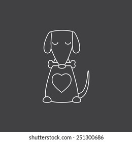 Cute white contoured sitting dog with big heart, closed eyes holding bone in its mouth isolated on grey background. Logo template