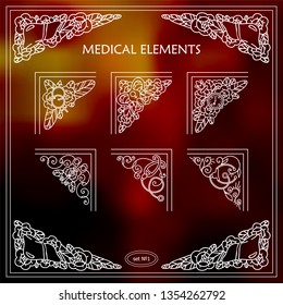 Cute white corners for frames and decoration. Lovely abstract anatomy theme arts in each triangle. Ornate wave medical elements with roses and leaves. Hand drawn vintage collection