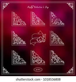 Cute white corners for frames and decorations. Lovely 14 february theme arts in each triangles. Ornate wave elements, hand drawn sketch collection