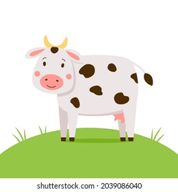 A cute white cow with brown spots stands on a green grass meadow. Funny cartoon farm animal illustration for kids