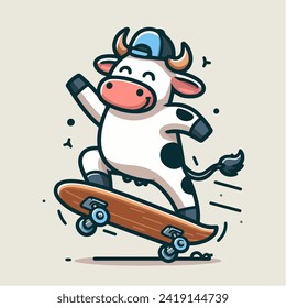 cute white cow cartoon character mascot skateboarding wearing a hat