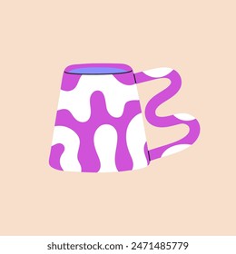 Cute white cup decorated bright twisted form line pattern. Design of pottery mug with curved shape of handle for tea, coffee. Stylish teacup for hot drinks, water. Flat isolated vector illustration