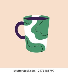 Cute white cup decorated green spots for tea, coffee. Design of pottery mug with abstract shape pattern in minimal style. Stylish teacup for drinks, beverages, water. Flat isolated vector illustration