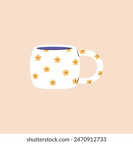 Cute white cup of morning coffee with floral pattern. Pottery mug of tea decorated with painted flowers. Design of handcrafted ceramic teacup for drinks, water. Flat isolated vector illustration