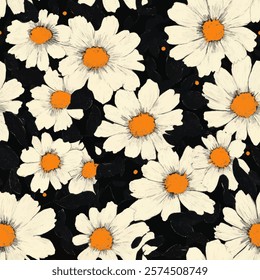 Cute white daisy florals watercolor seamless pattern on black  background. Flower vector illustration. Watercolor print in rustic vintage style, textile or wallpapers.