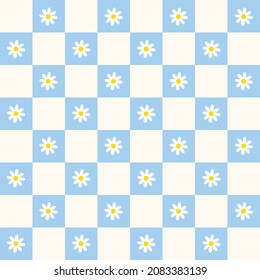 Cute White Daisy Flower Element Pastel Baby Blue Ivory Beige Check Checked Checkered Gingham Pattern Editable Stroke. Cartoon Illustration, Mat, Fabric, Textile, Scarf, Wrapping Paper. 