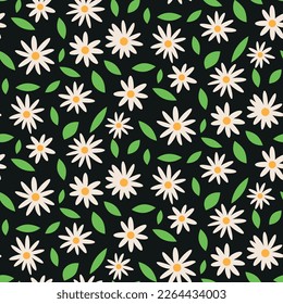 Cute white daisy flower seamless pattern with green leaves on black background. For home decor, wrapping paper, textile and fabric