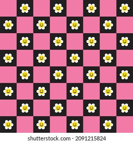 Cute White Daisy Flower Smile Face Element Black Pink Checkered Gingham Pattern. Cartoon Illustration, Mat, Fabric, Textile, Scarf, Wrapping Paper