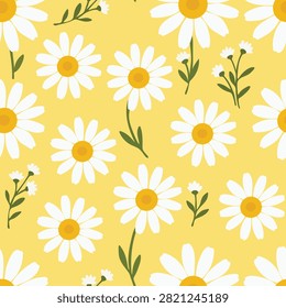 Cute white daisy flower and tiny blossom seamless pattern on bright yellow background. Sweet floral arrangement with yellow center and green stem hand drawn vector illustration.