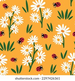 cute white daisy flowers and red ladybugs seamless vector pattern illustration on yellow background