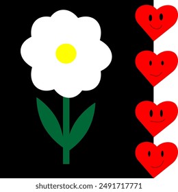 Cute white daisy on a black background and red funny hearts. The concept of a family of love and fidelity