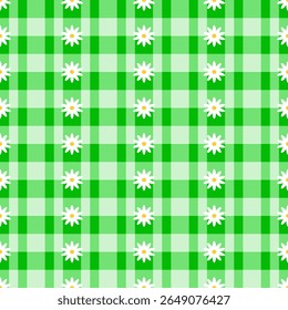 Cute white daisy on green gingham plaid checkered seamless pattern background.Design for table cloth, blouses , dresses skirts, print,and kids clothing. Vector illustration.