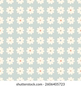 Cute white daisy seamless pattern. Abstract flower silhouette background. Perfect for fabric print, stationery, wallpapers, packaging, home accessories, modern vintage project