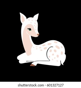 Cute white deer icon isolated on black background. Cartoon fawn. Vector illustration.
