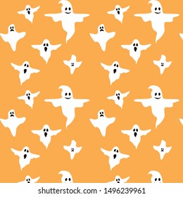 Cute white different ghosts pattern on an orange background. Concept design for Halloween holiday. Cartoon flat design. Vector Eps. 8
