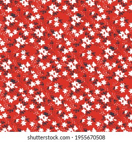 Cute white ditsy flowers on red seamless pattern. Repeating decorative floral vector pattern. Simple ditsy print for calico or shabby chic projects.