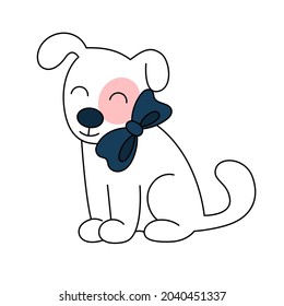 Cute white dog with a bow. Pet at the wedding. Doodle vector illustration