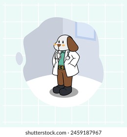 A cute white dog cartoon becomes a doctor who visits to check the patient's condition