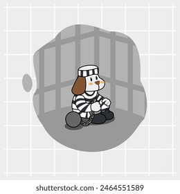 A cute white dog cartoon becomes a convict contemplating in prison with his feet tied to an iron ball