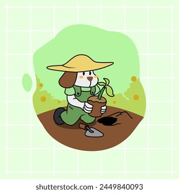 Cute white dog cartoon is happily planting plants in the field complete with mint green clothes